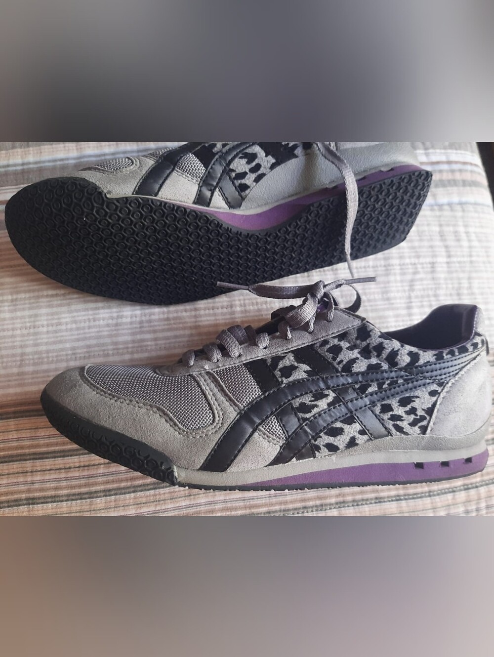 Onitsuka Gray and Black Leopard Accent Sneakers with Purple Midsole
